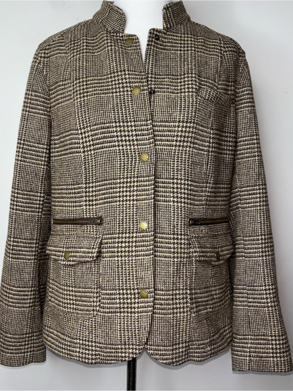 LL Bean Women's M Blazer Jacket Herringbone Tweed Wool Silk Blend Snaps Patches